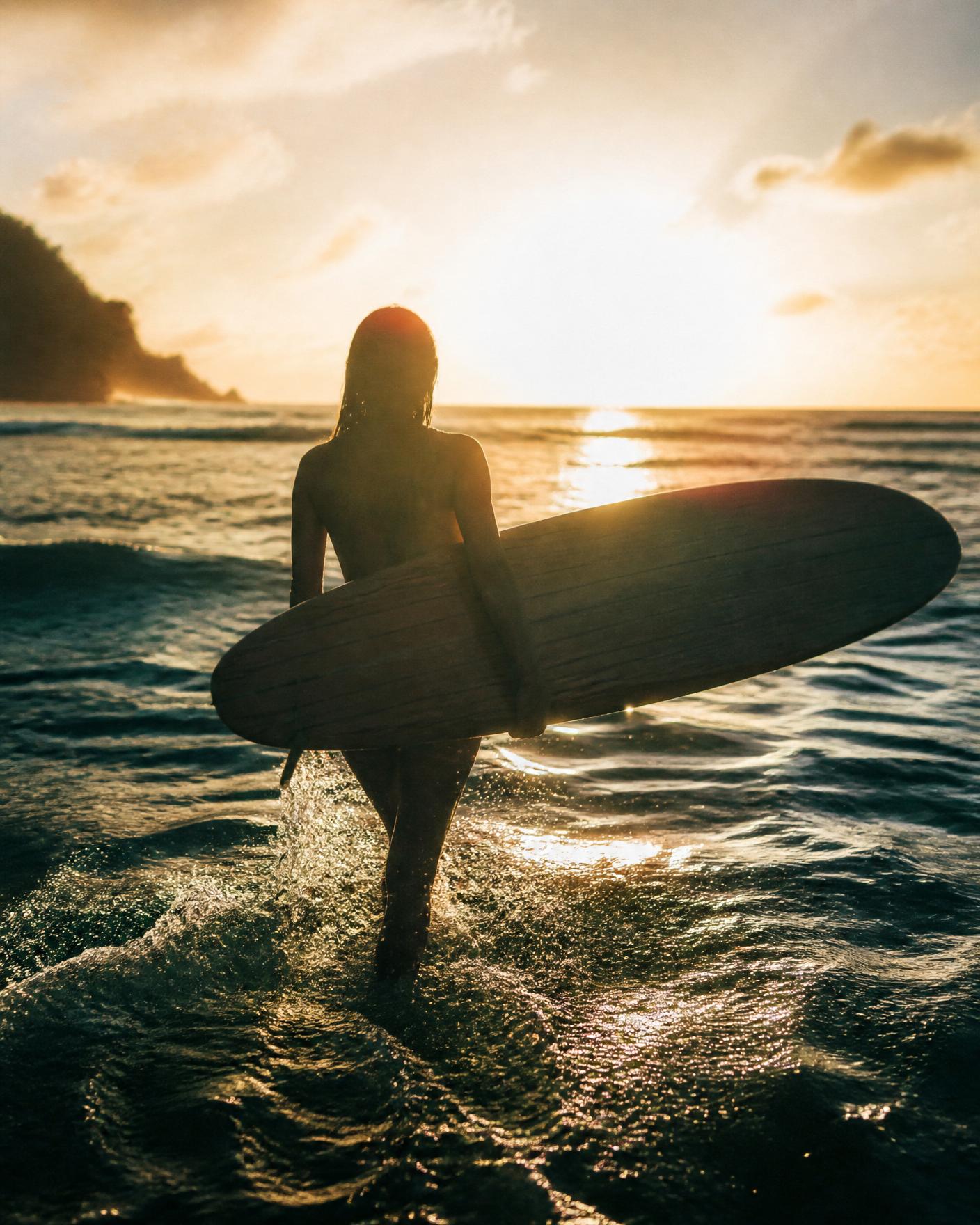 Silhouette of a lone surfer walking into the ocean at golden hour